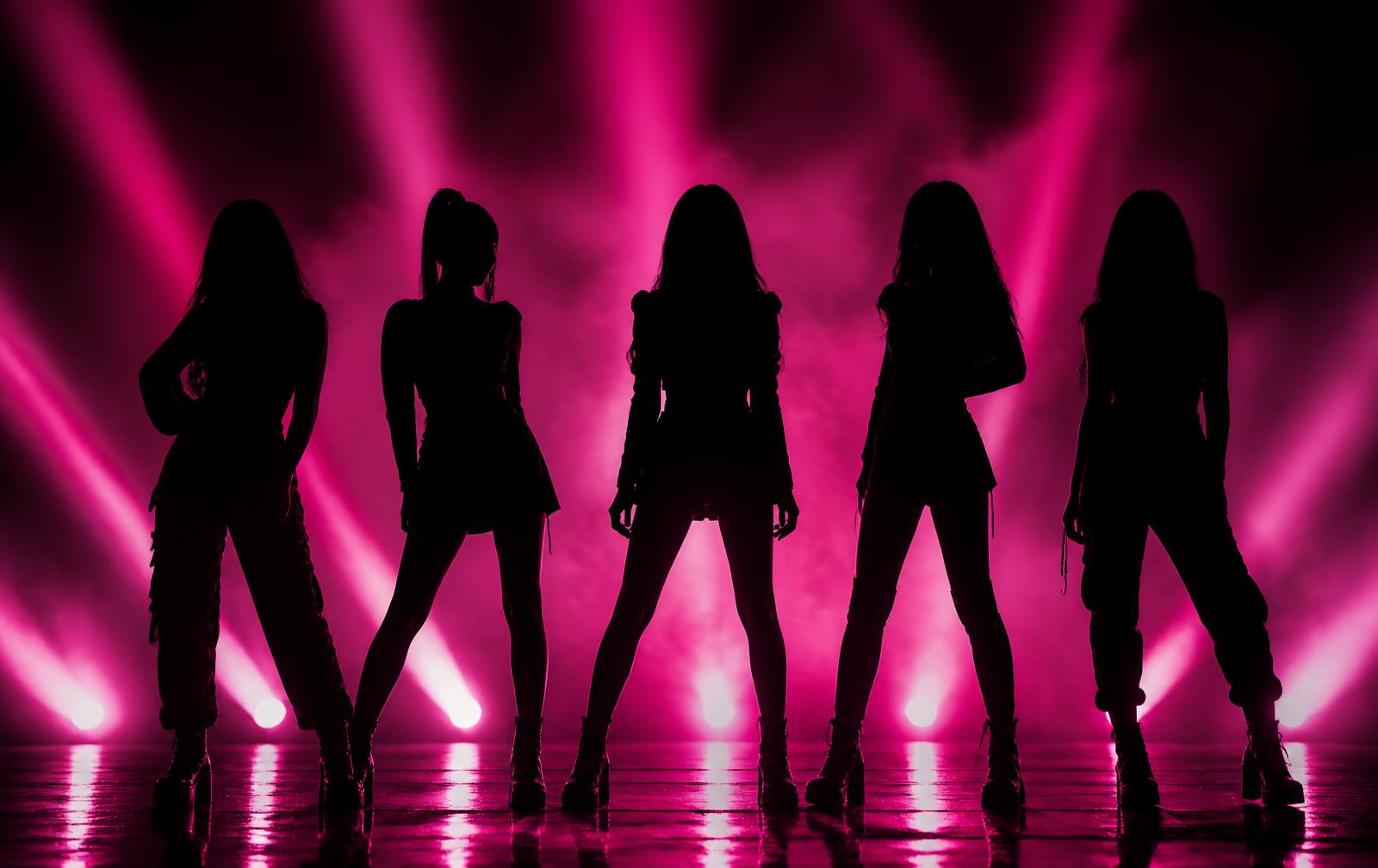 Five performers in black outfits under hot pink stage lights